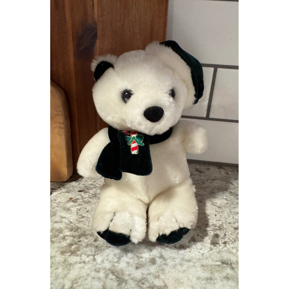 Christmas Polar Bear Plush Green Velvet Scarf Candy Cane 7 Inch